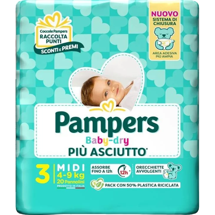 PAMPERS BABY DRY <br> <p style="font-size: 12px; font-weight: 300; text-transform: lowercase; line-height: 16px;">pannolini</p>